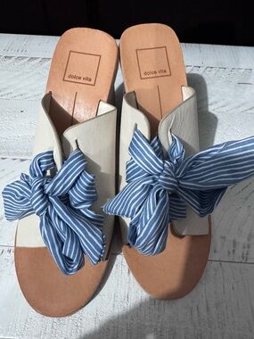 Dolce Vita Cream Slide Mules with Blue Striped Bow
